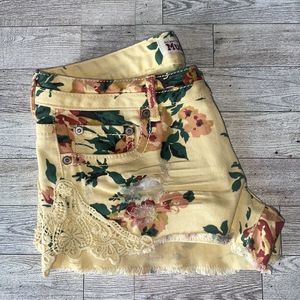 Retro, Floral Low Rise Boho Jean Shorts